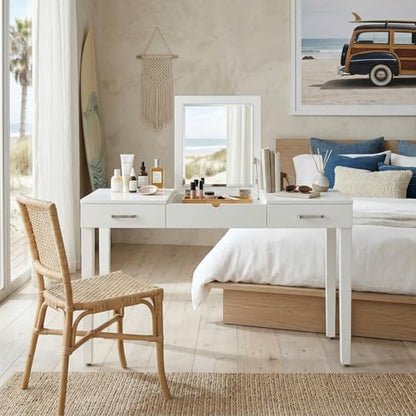 Hives and Honey Parsons Vanity Desk, Lift-Top Mirror, Storage, USB & Power Outlet, 2 Drawers, Smooth Glide, Modern Wood Grain Design, Brushed Chrome Hardware, Makeup & Dressing Table, White - color: White