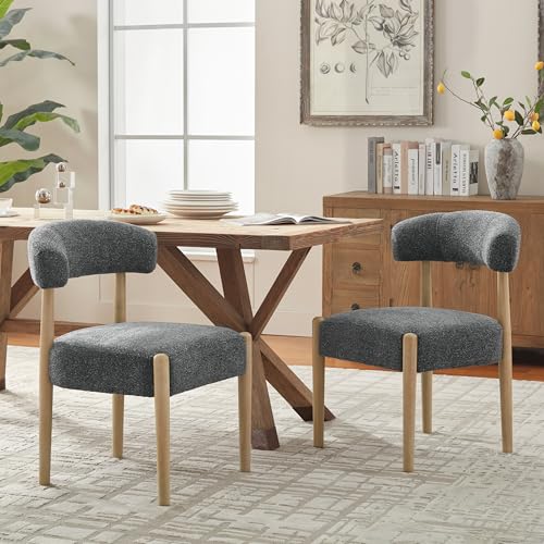 VKNOW Wooden Dining Chairs Set of 2 with Rubberwood Legs, Curved Backrest | Modern Upholstered Dining Chairs with Thickened Cushion, Soft Chenille Fabric, for Dining Room/Kitchen, Black - color: Black, size: Set of 2