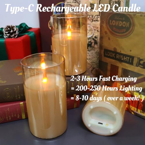 Glass Rechargeable Flameless Candles Type-c Rechargeable Candle with Remote | Real Wax Warm Color Moving Flame for Halloween Christmas Festival Wedding Home Party 200 Hours - color: Amber-1PC