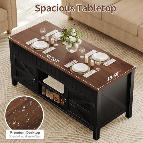 47.3" Lift Top Coffee Table with Storage - Black Coffee Tables for Living Room, Farmhouse Wood Center Table, Large Rectangle Middle Tables with Hidden Compartment & Adjustable Shelf - color: Black