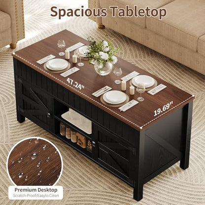 47.3" Lift Top Coffee Table with Storage - Black Coffee Tables for Living Room, Farmhouse Wood Center Table, Large Rectangle Middle Tables with Hidden Compartment & Adjustable Shelf - color: Black