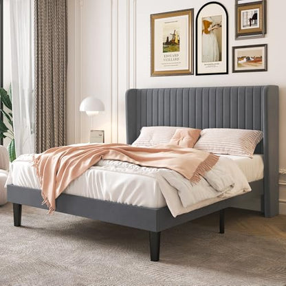 SHA CERLIN Queen Size Velvet Bed Frame, Tufted Wingback Headboard, Grey | 47'' Modern Vertical Channel Headboard, Upholstered Platform Bed, Wood Slats, No Box Spring Needed, Easy Assembly, Noise Free - color: Grey, size: Queen