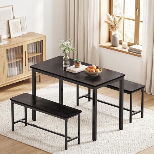 Dining Table Set for 4, Kitchen Table with 2 Benchs, Black | Modern Functional 3 Piece Space-Saving Dining Room Table Set for Apartment, Breakfast Nook, Small Space - color: Black