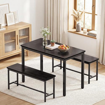 Dining Table Set for 4, Kitchen Table with 2 Benchs, Black | Modern Functional 3 Piece Space-Saving Dining Room Table Set for Apartment, Breakfast Nook, Small Space - color: Black