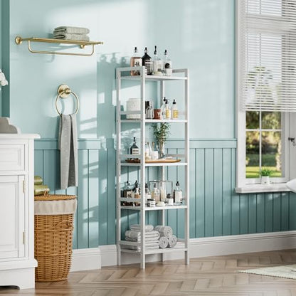 HITNET 5 Tier Bamboo Shelf, Tall Narrow Bookcase, Freestanding Bathroom Storage Unit with Adjustable Shelves, Modern Display Standing Bookshelf for Living Room, Bedroom, Home Office, White - color: White