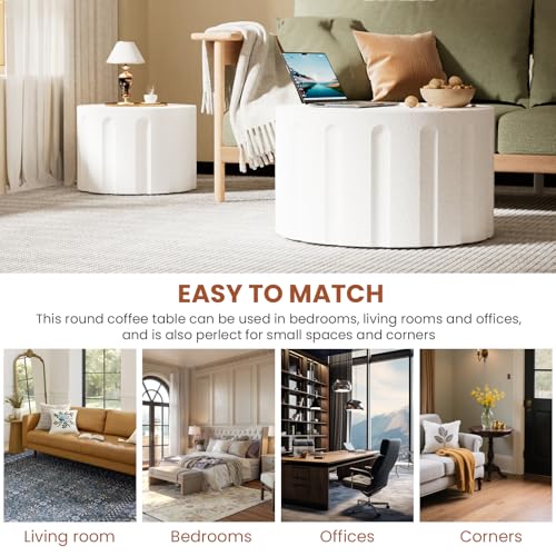 Round Nesting Coffee Table Set of 2 Modern Wood Circle Coffee Table (White) | Fluted Coffee And End Table Set Drum Accent Table for Living Room Small Apartment No Assembly Required - color: White