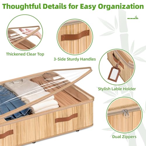 Livole 2 Pack Bamboo Under Bed Storage Containers with Wheels | Breathable Bamboo, Invisible Wheels, 6 inches Height, 56L Large Capacity, Easy Setup, Handles, Clear Lid