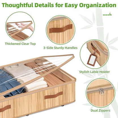 Livole 2 Pack Bamboo Under Bed Storage Containers with Wheels | Breathable Bamboo, Invisible Wheels, 6 inches Height, 56L Large Capacity, Easy Setup, Handles, Clear Lid