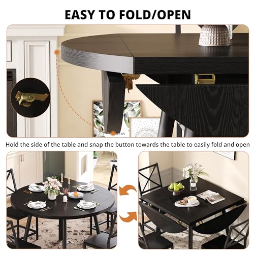 IRONCK Dining Table Set for 4, Round Kitchen Table and 4 Stool Chair for Dining Room, 44.5inch Drop Leaf Desk, Small Space Saving, Black