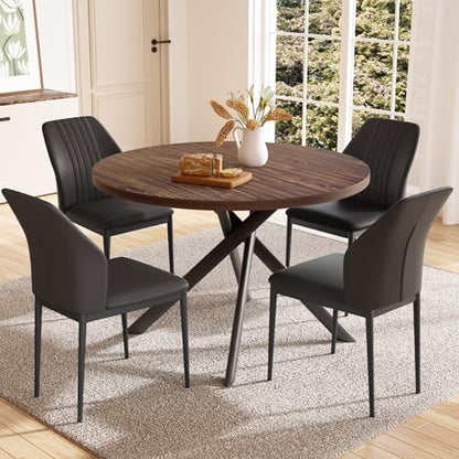 HIPIHOM 45.3'' Walnut Round Dining Table Set for 4, Mid Century Modern Small Coffee Set for Dining Room Kitchen Apartment (Dark Walnut Table + 4 Black Chairs) - color: Walnut Table+4 Black Chairs