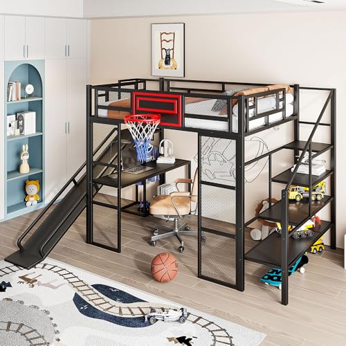 LUMISOL Full Size Loft Bed with Desk and Stairs, Heavy Duty Metal Loft Bed Frame with Storage Shelves and Basketball Hoop, Noise Free, No Box Spring Needed, Black - color: Black, size: Full with Slide