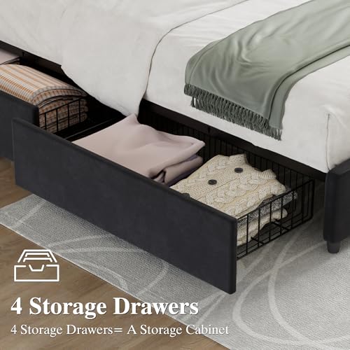 VECELO King Size Bed Frame with 4 Storage Drawers, Adjustable Height Headboard, Heavy-Duty Bedframe with Strong Wooden Slats, No Box Spring Needed, Black - color: Black, size: King, style: Bed Frame With Drawers