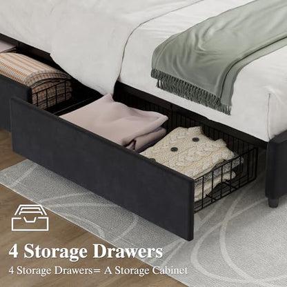 VECELO King Size Bed Frame with 4 Storage Drawers, Adjustable Height Headboard, Heavy-Duty Bedframe with Strong Wooden Slats, No Box Spring Needed, Black - color: Black, size: King, style: Bed Frame With Drawers