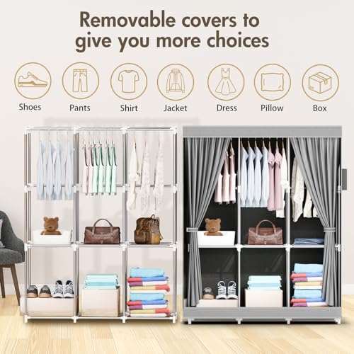 Portable Closet, Storage Organizer Wardrobe, Non-Woven Fabric Cover | 3 Hanging Rods, 6 Storage Shelves and Side Pockets, Free Standing Clothes Rack with Non-Woven Fabric Cover, Grey