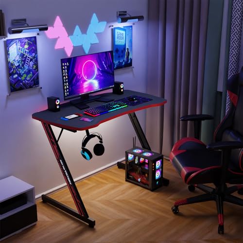 Ruesleag 39 Inch Gaming Desk Ergonomic Home Office Desk Z-Shaped Computer Desk PC Workstation Modern Simple Study Table w/Headphone Hook Adjustable Leveling Foot Spacious Desktop,(Red)