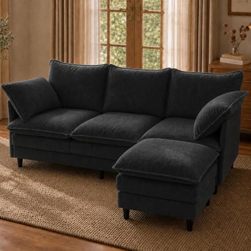 Convertible Sectional Sofa, 69" Small Cloud L-Shaped 3-Seat Couch with Movable Ottoman & Curved Armrest, Modern Chenille Fabric for Living Room, Apartment and Small Space, Black - color: Black, size: 3-Seat with Ottoman