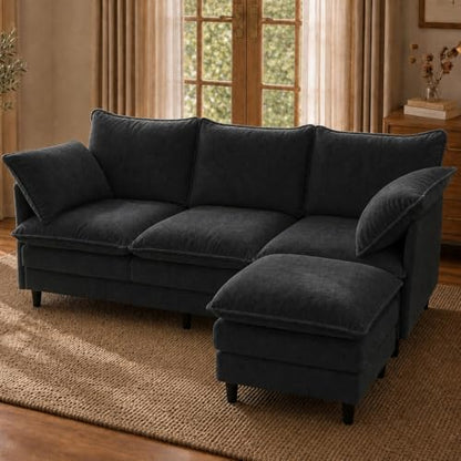 Convertible Sectional Sofa, 69" Small Cloud L-Shaped 3-Seat Couch with Movable Ottoman & Curved Armrest, Modern Chenille Fabric for Living Room, Apartment and Small Space, Black - color: Black, size: 3-Seat with Ottoman