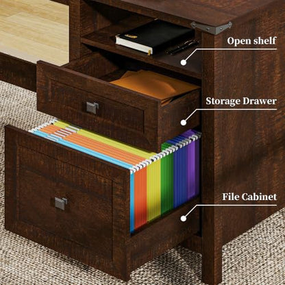 Farmhouse Executive Desk with Charging Station, 45″ Home Office Computer Desk with Drawer & Open Shelf, Writing Desk for Small Space,Dark Brown - color: Dark Brown