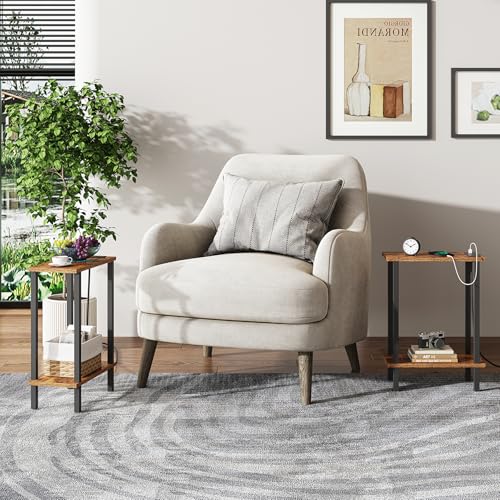 TUTOTAK Narrow Side Table, 2-Tier Small End Table with Charging Station | Skinny Sofa Table, Slim Nightstand, Easy Assembly for Living Room, Bedroom, Brown TB01BB060 - color: Brown, size: 2-tier