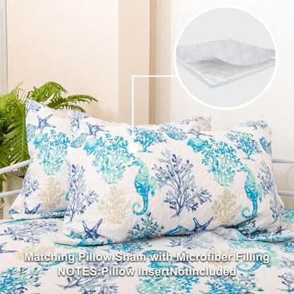Jarson 3 Piece Beach Daybed Cover Set Twin Size Coastal Quilted Daybed Bedding Sets Double Side Cozy Ocean Sofa Daybed Cover with 2 Shams - color: Starfish Seahorse