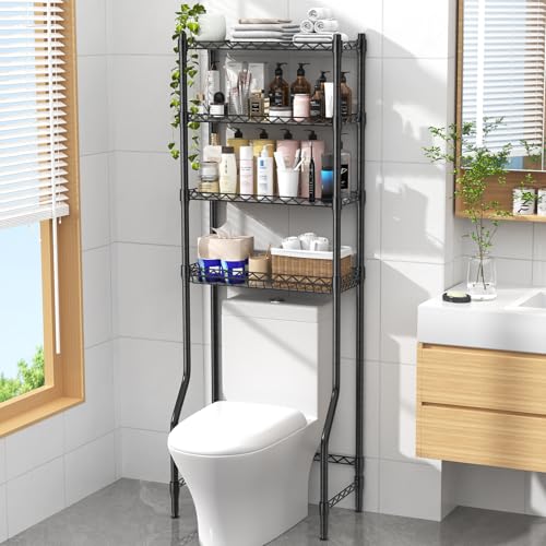 4 Tier Over The Toilet Storage Rack, Bathroom Organizers and Storage Over Toilet with Adjustable Shelf and Basket, Above Toilet Storage Bathroom Cabinet for Small Space (Black) - style: Modern
