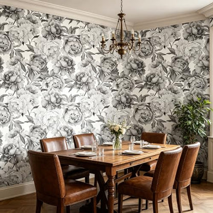 Gray Peony Flowers Floral Peel and Stick self Adhesive Wallpaper - 96''x32'' - color: X05, size: 96"x32"