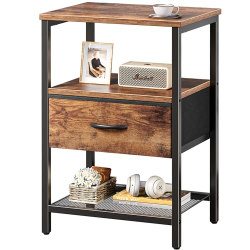 Huuger Night Stand with Fabric Drawer, Side Table with Mesh Shelf, Bedroom Nightstand, Fabric Drawer Dresser, Open Shelf, Metal Frame, Couch Side, Rustic Brown | Bedroom Nightstand, Fabric Drawer Dresser, Open Shelf, Metal Frame, Couch Side, Rustic Brown