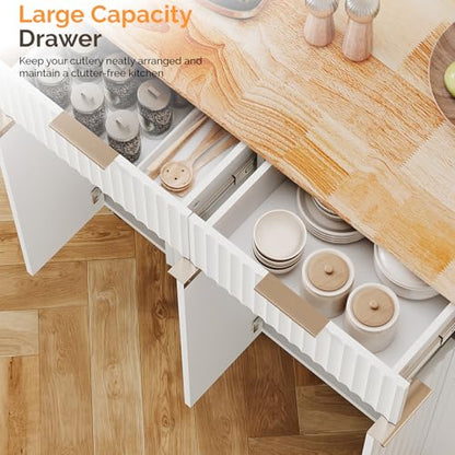 VINGLI Fluted Large Kitchen Island Cart with 2 Draws & 4 Doors, White | Drop-leaf Toptable, Adjuestable Shelves, Towel Bar, 3-tier Side Storage Rack, 360° Rolling Design - size: 32.7"