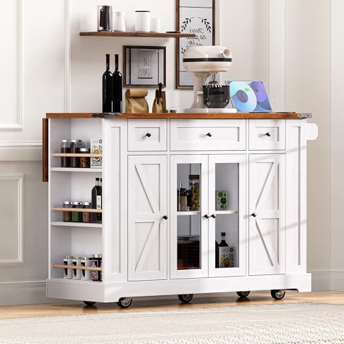 53'' Farmhouse Kitchen Island with Drop Leaf, Power Outlet,Tempered Glass Cabinet Doors,Rolling Kitchen Cart on Wheels for Dining Room or Living Room (White/P) - color: White/P)