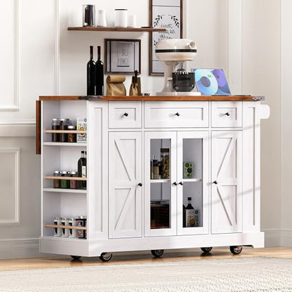 53'' Farmhouse Kitchen Island with Drop Leaf, Power Outlet,Tempered Glass Cabinet Doors,Rolling Kitchen Cart on Wheels for Dining Room or Living Room (White/P) - color: White/P)