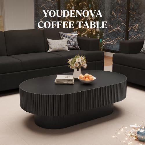 YOUDENOVA 43.7” Oval Coffee Table, Modern Wood Fluted Coffee Table for Living Room, Veneer Handcrafted Relief Center Table with Sturdy Pedestal，Easy Assembly - Black - color: 43.7" Black-oval