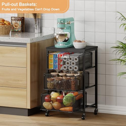 Pantry Organizer and Storage Cart, 3-Tier Kitchen Storage Cart with Drawer, Fruit Vegetable Storage Cart with Wheels, Wooden Top Metal Wire Kitchen Organizer Rack Stand for Food Snack Onion Potato - size: 3-Tier Black