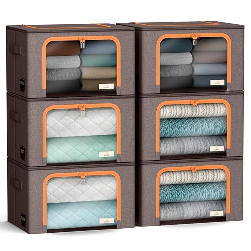 Sorbus Storage Bins with Metal Frame - Stackable & Foldable Clothes Organizer Bags - Oxford Fabric Storage Containers with Large Clear Window & Carry Handles Organization for Bedding Linen & Clothing - color: Brown, size: 6 Pack