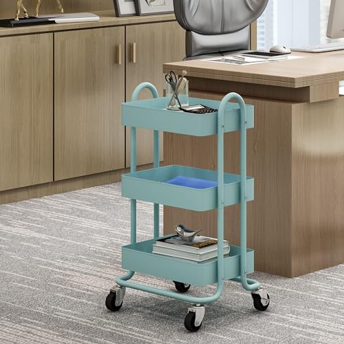 Metal Rolling Cart,3-Tier Metal Rolling Cart with Wheels,3 Tier Utility Cart with Wheels for Office,Home,Kitchen,Garden（13.4"x18.1"x31"） Blue - color: Blue, size: 31"H