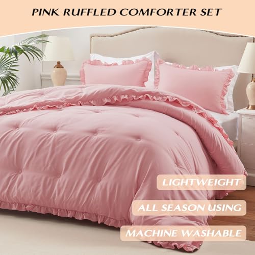 Pink Ruffle Comforter - Fluffy Full Size Comforter Set for All Seasons, 3 Pieces Shabby Chic Bedding Comforter Set(1 Comforter & 2 Pillow Shams) - color: Pink, size: Full