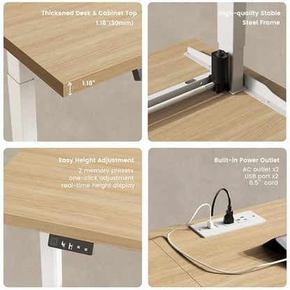 114" Two Person Electric Height Adjustable Standing Desk | Office Furniture Set with Storage, Extra Long Executive Desk Workstation with File Cabinets for Home Office, Light Walnut - color: Light Walnut