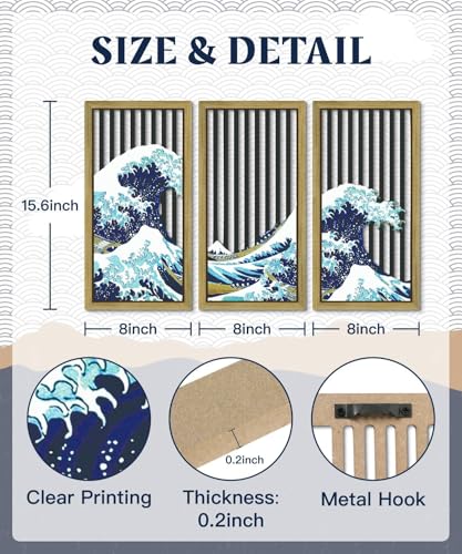 Putuo Decor Japanese Ocean Wave Wall Art, Vintage Framed Wall Decor- The Great Wave off Kanagawa by Hokusai, Nature-Inspired Wall Decorationfor Bathroom, Bedroom, and Living Room - color: Ocean Blue Wave