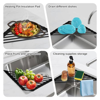 HANZENMA Triangular Sink Rack, Multi-Functional Rack Above the countertop, Foldable Sink Drying mat, Heat-Resistant, Non-Slip, and Rust-Proof Dish Rack (Black) - color: Black, size: Triangle: 15.8" x 9"