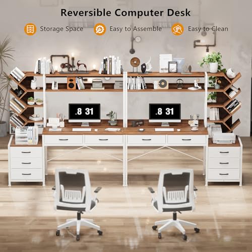 52" Computer Desk with Bookshelf, 5 Drawers ＆ Hutch for Bedroom | Office Desk with Printer Shelf, Study Writing Desk with Storage Shelves, Brown and White - color: Brown and White