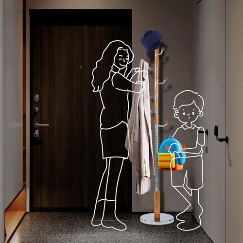 Coat Racks FreeStanding with 11 Hooks, Natural Wood Coat Rack with Solid Round Base, Adjustable Height Coat Racks, Easy Assembly for Hallway, Bedroom and Office (Solid Wood Metal Hook) - color: Solid Wood Metal Hook