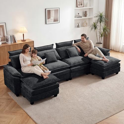 134'' U Shaped Sectional Couch, Cloud Deep Seat Sofa Couch with 2 Ottoman, Detachable Headrest, Oversized Modular 5 Seater Sofas for Living Room, Dark Grey - color: Dark Grey, size: U Shaped Couch