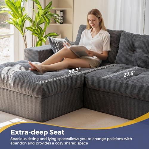 MAXYOYO Boneless Couch, 104-Inch L-Shaped Cloud Couch with Ottoman | Dark Grey Upholstered Sofa Features Layered Cushions and Flexible Modules with No Assembly, Ideal for Modern Living Rooms. - color: Dark Grey, size: 104" L Shape