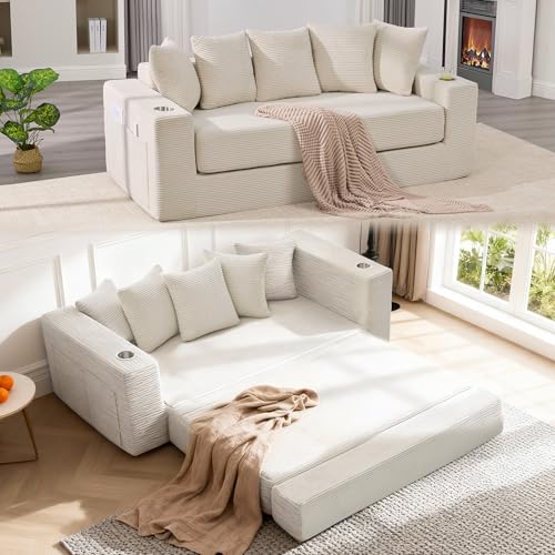 76" Convertible Sofa Bed, Corduroy Boneless Couch with Cup Holders & Pocket | 2-in-1 Sleeper Sofa, Pull-out Couch Bed with 5 Pillows, Living Room, Small Spaces, Bedroom, No Assembly - color: 76" Beige