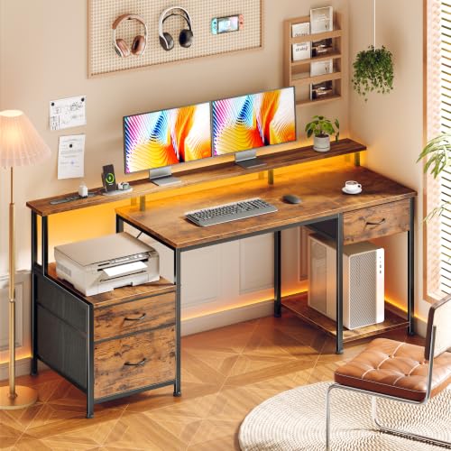 Korfile 55" Computer Desk with File Drawer, Printer Space, Rustic Brown | LED Lights, Power Outlets, Reversible, 3 Adjustable Drawers, Monitor Stand, Home Office Desk for Work, Study, Writing - color: Rustic Brown