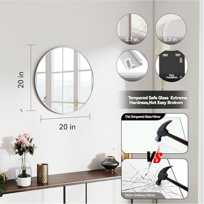 SCWF-GZ 20" Round Mirror Circle Wall Mounted Hanging or Against Wall Metal Frame Dressing Make-up Mirrors for Entryway Bedroom Bathroom Living Room 20 inch Silver | HD Crystal Clear No distortion Tempered Glass,Aluminum Frame,Make-Up Mirrors for Bedroom,E