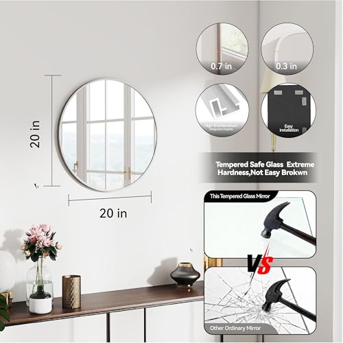 SCWF-GZ 20" Round Mirror Circle Wall Mounted Hanging or Against Wall Metal Frame Dressing Make-up Mirrors for Entryway Bedroom Bathroom Living Room 20 inch Silver | HD Crystal Clear No distortion Tempered Glass,Aluminum Frame,Make-Up Mirrors for Bedroom,E
