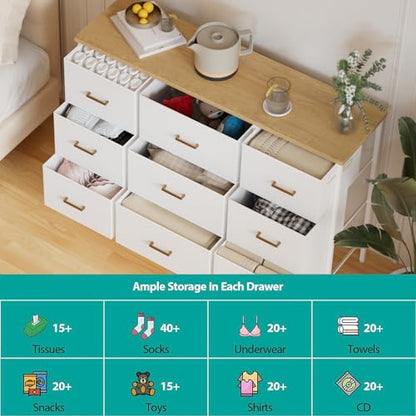 VASICAR Wide TV Stand Modern TV Console, 9 Drawers Dresser for Bedroom | Fabric Storage Cabinet, Chest of Drawers for Closet, Nursery, Living Room（Classic White） - color: White-retro Top