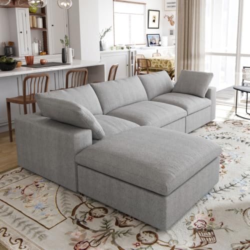 118" Cloud Modular Sofa, Convertible Modular L-Shaped Couch with Storage Ottoman, Cotton Linen Fabric Sofa for Living Room, Apartment and Bedroom, Removable Covers, 2 Pillows, Grey - color: Grey, size: L-Shape