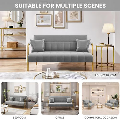 Yaheetech 56.5" Small Sofa 2 Seater Couch with Gold-Tone Legs, Light Gray | Small Sofa Loveseat Velve 2 Seater Couch with Tufted Back Gold Metal Frame 2 Pillows for Office, Studio,Living Room - color: Light Gray, size: 56.5" W