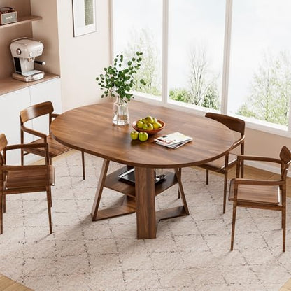 43.3"-59" Extendable Round Oval Dining Table for 4-8 with Storage Shelf | Modern Kitchen Oval Dining Table with Removable Leaves,Space Saving Extendable Table Wood Base for Kitchen Living Room Walnut - color: Walnut Style 3